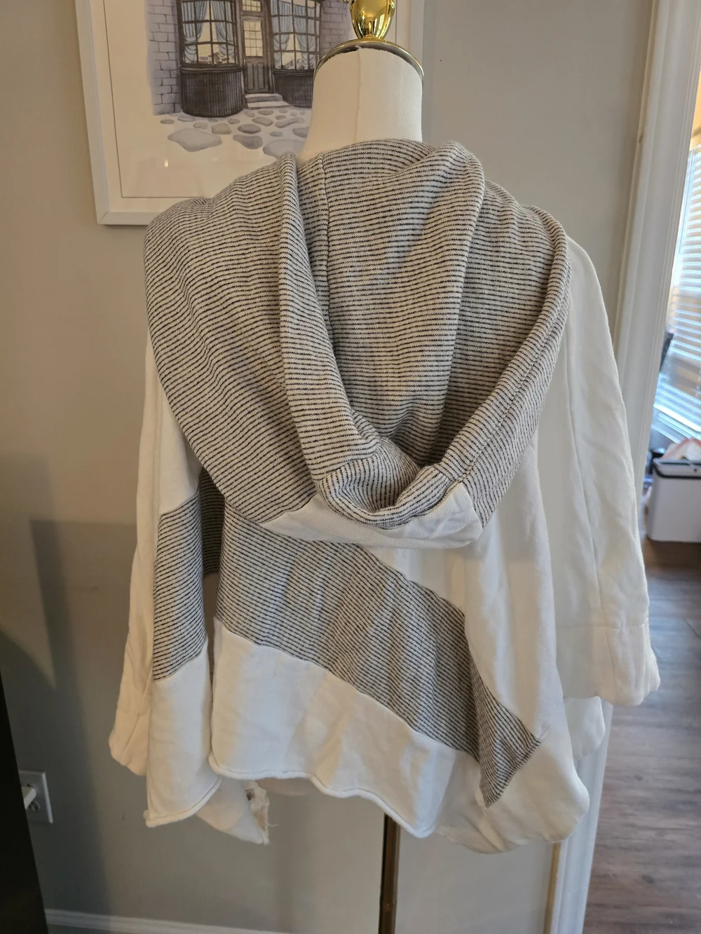 Free People Cream Hooded Pullover with Gray Striped Band